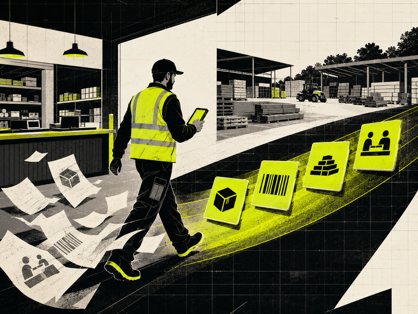 Editorial illustration of a merchant colleague turning paper workflows into mobile operational tasks