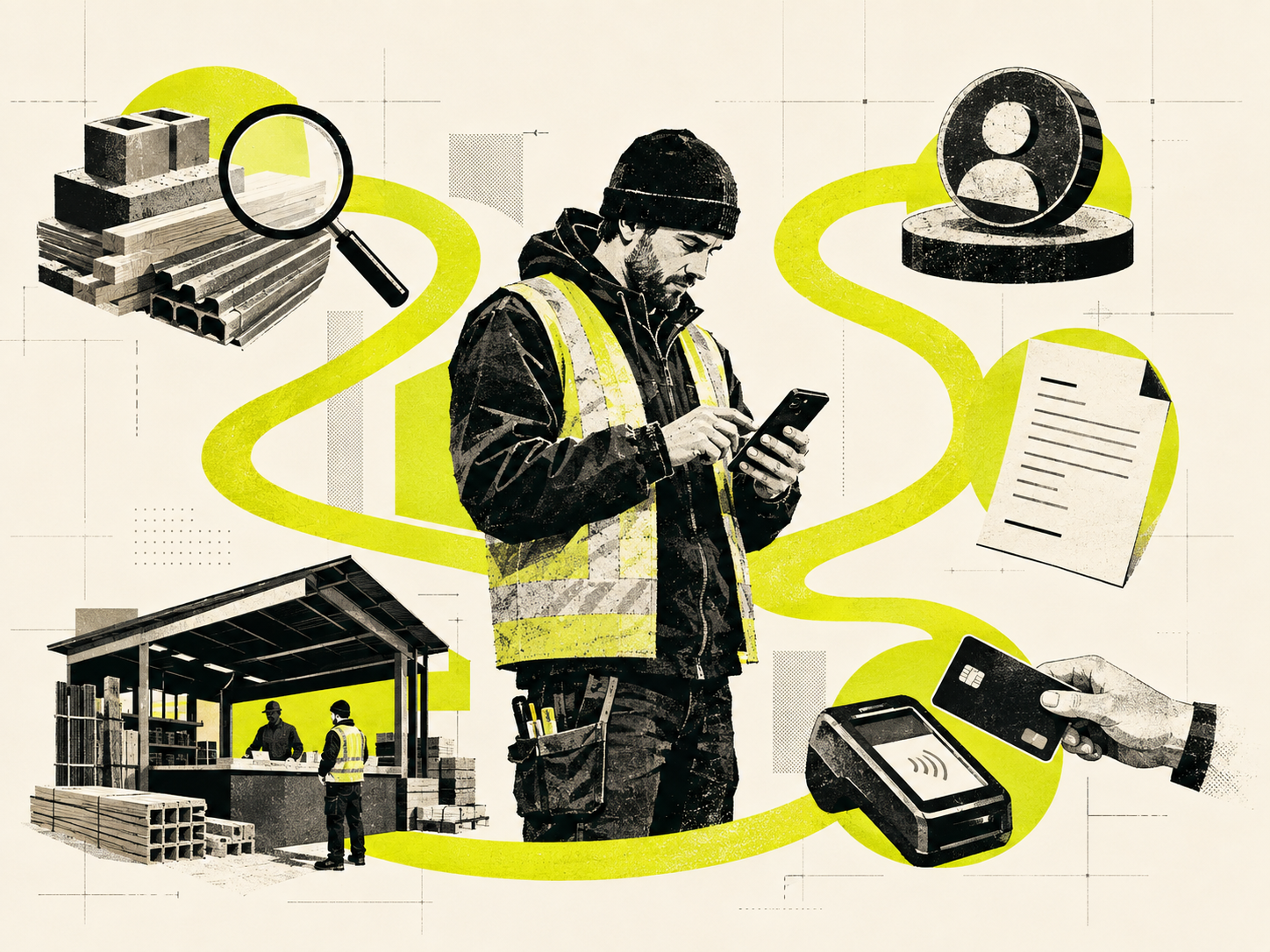 Editorial illustration of a trade customer using a merchant app across products, account and payments